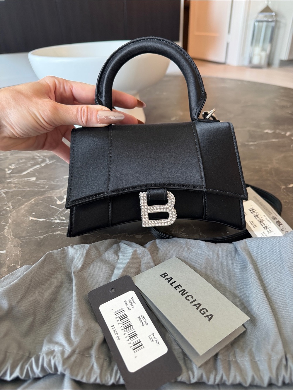 Balenciaga Hourglass XS Black Satin Mini Top-Handle Bag with Crystal Rhinestone